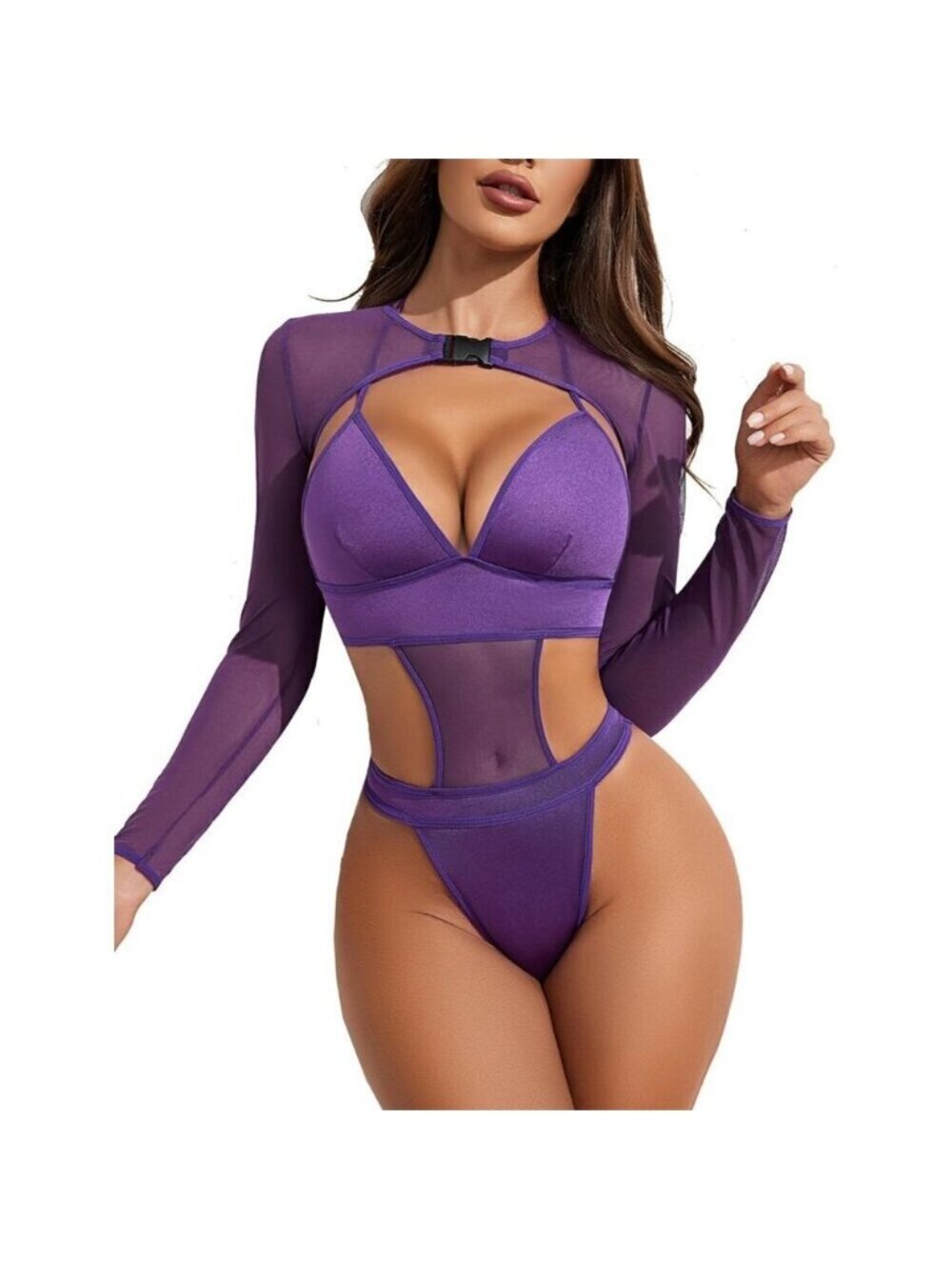 Women Purple Festival Sexy Lingerie Bodysuit Buckle Shrug Crop Top Set Outfits
